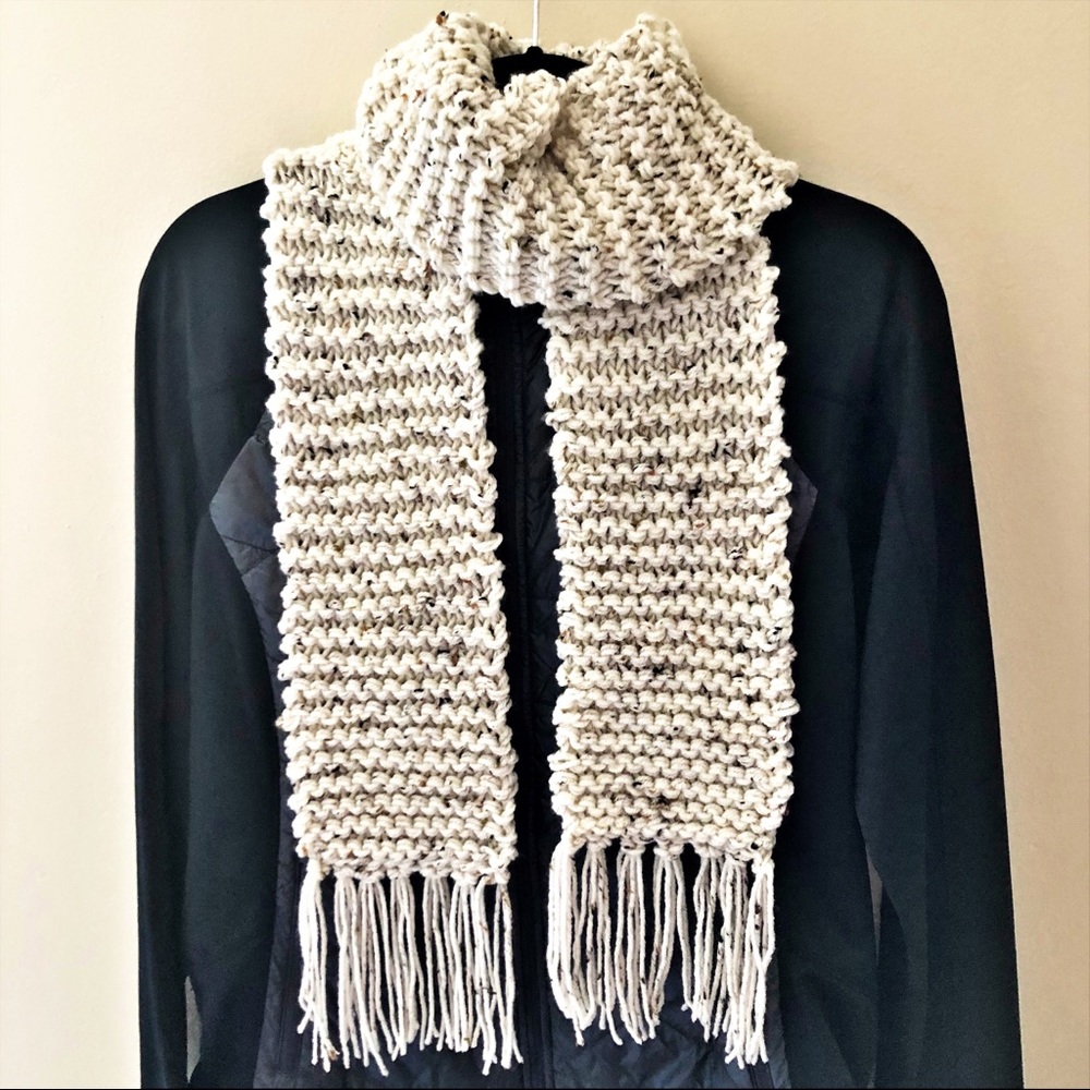 Knit Scarf Handmade Warm Hand Knitted Chunky Boho Fringe Neutral Cream Color